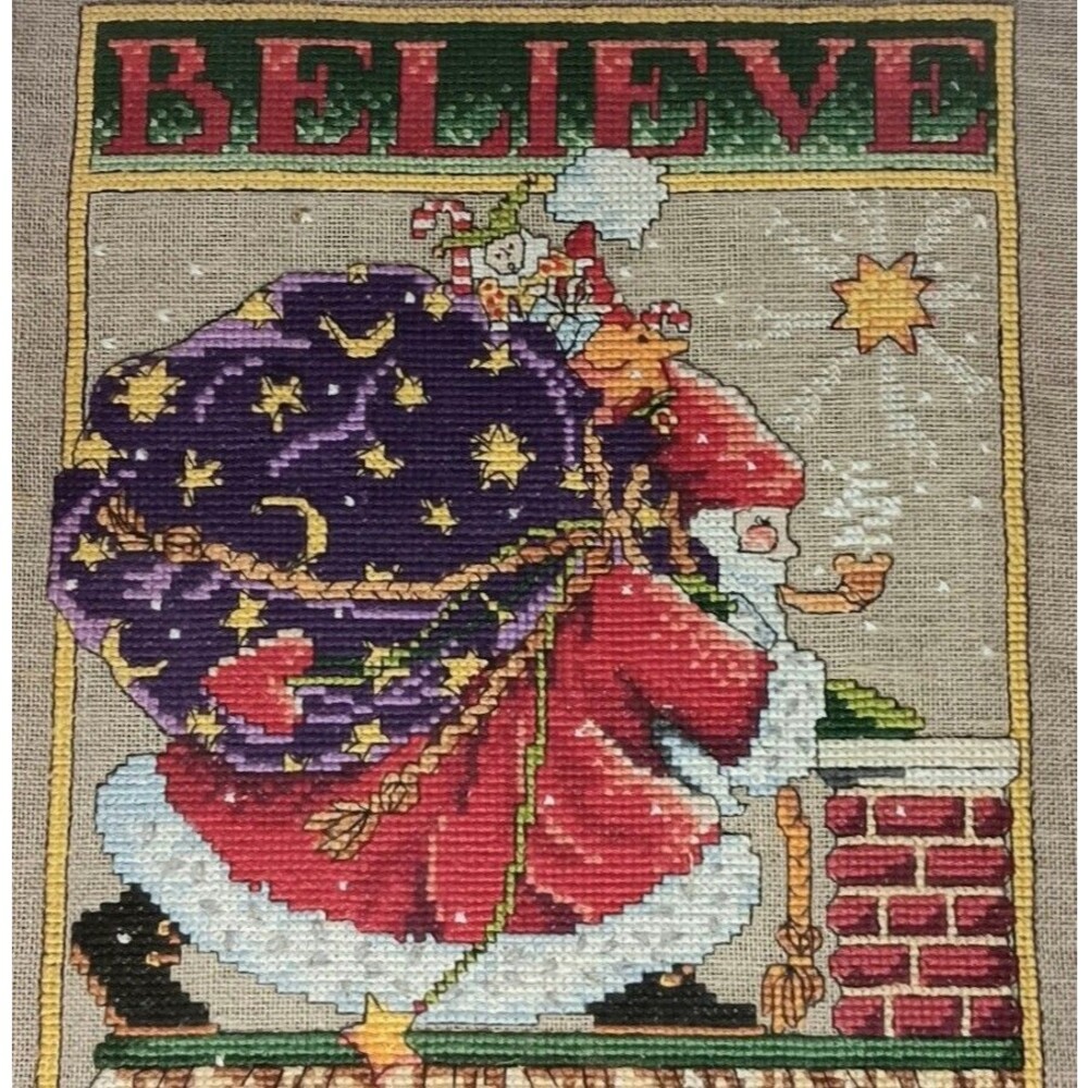 Vintage Mary Engelbreit Completed & Framed Santa Believe Cross Stitch 10" x 12"